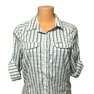 Columbia Women's Green White Plaid Long Sleeve Button Up Shirt Size M